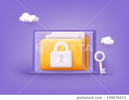 Yellow folder with files. Personal data security concept. Secure information transfer background. 3D Vector Illustrations. Yellow folder with files. Personal data security concept. Secure information transfer background. 3D Vector Illustrations. 140676833