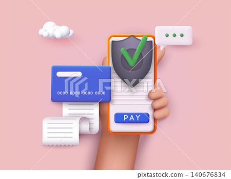 Mobile phone payment icon. Persons hand holding modern smartphone and putting online paying button on screen with secure sign. 3D Web Vector Illustrations. Mobile phone payment icon. Persons hand holding modern smartphone and putting online paying button on screen with secure sign. 3D Web Vector Illustrations. 140676834