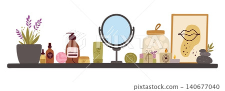 Cozy bathroom shelf with cosmetics and skincare products. Washroom shelving. Mirror and skin care lotion. Cleanser bottles. Scented candles and flowers. Vector set of bath accessories Cozy bathroom shelf with cosmetics and skincare products. Washroom shelving. Mirror and skin care lotion. Cleanser bottles. Scented candles and flowers. Vector set of bath accessories 140677040