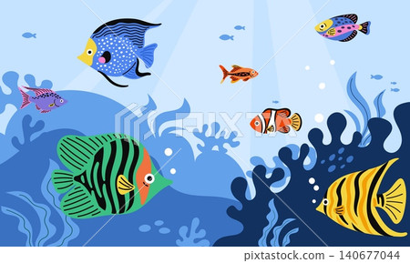 Exotic tropical marine life. Colorful sea inhabitants of underwater world. Fish swimming among coral reefs. Clownfish swim. Aquarium goldfish and angelfish. Vector undersea background Exotic tropical marine life. Colorful sea inhabitants of underwater world. Fish swimming among coral reefs. Clownfish swim. Aquarium goldfish and angelfish. Vector undersea background 140677044