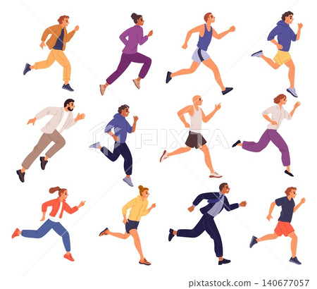 People running. Men and women in tracksuits and casual clothes jogging. Marathon race. Persons hurrying or catching up. Sportsman training. Sprinters run side view. Vector runners set People running. Men and women in tracksuits and casual clothes jogging. Marathon race. Persons hurrying or catching up. Sportsman training. Sprinters run side view. Vector runners set 140677057