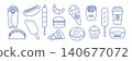Collection set icons of fast food elements. Abstract geometric line art illustration of burger, taco, donut, ice cream, pizza, hot dog, French fries icons. 140677072