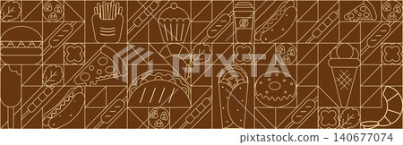 Geometric food pattern in minimalist bauhaus style line drawing. Abstract fast food print background with simple shapes for eatery shop, food packaging, cafe wall, menu. Geometric food pattern in minimalist bauhaus style line drawing. Abstract fast food print background with simple shapes for eatery shop, food packaging, cafe wall, menu. 140677074