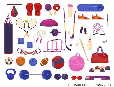 Professional sports gear. Training equipment. Accessories for healthy lifestyle or athletic activities. Boxing gloves. Weightlifting dumbbells. Golf club. Fitness elements vector set Professional sports gear. Training equipment. Accessories for healthy lifestyle or athletic activities. Boxing gloves. Weightlifting dumbbells. Golf club. Fitness elements vector set 140677075