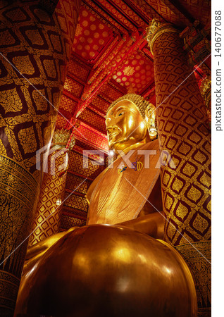Luang Pho To Ayutthaya, Giant Golden Buddha Statue Thailand, Historic Temple Interior Background Luang Pho To Ayutthaya, Giant Golden Buddha Statue Thailand, Historic Temple Interior Background 140677088