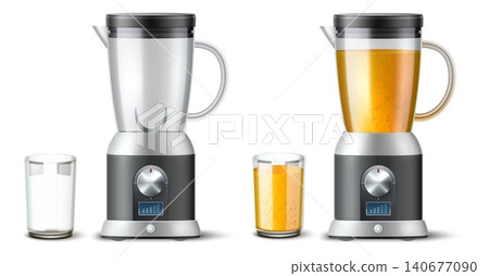 Realistic blender. Detox drink maker. 3D-rendered smoothie mixer. Fruit blending. Natural juices cooking. Electric kitchen appliance. Full or empty glass jar. Vector domestic machines set 140677090