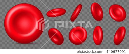 Realistic blood cells. Red bloody molecules. Hemoglobin particles. Different view angles. Artery system corpuscles. Oxygen transportation. Erythrocyte discs in various positions vector set 140677091