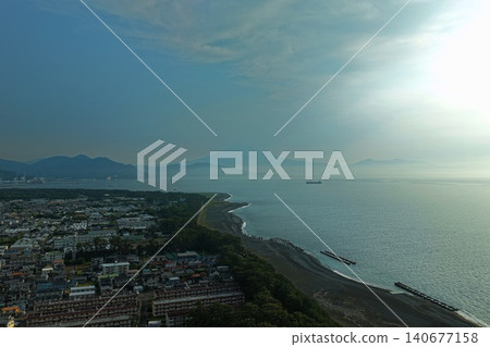 Aerial photograph of Miho no Matsubara in Shizuoka Prefecture and Mount Fuji at dawn. Aerial photograph of Miho no Matsubara in Shizuoka Prefecture and Mount Fuji at dawn. 140677158