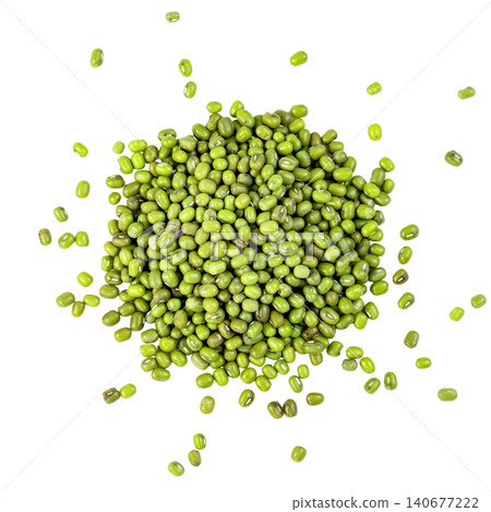 Top view of a pile of raw green mung beans isolated. Organic dried legumes used in Asian cuisine. Healthy plant-based protein source for vegetarian diets. High quality flat lay. 140677222