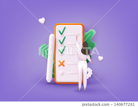 Checklist on a phone screen. Successful completion of business tasks. 3D Web Vector Illustrations. Checklist on a phone screen. Successful completion of business tasks. 3D Web Vector Illustrations. 140677281