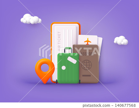 Online booking design concept for mobile phone. Business trip banner with passport, tickets, travel bag. 3D Web Vector Illustrations. Online booking design concept for mobile phone. Business trip banner with passport, tickets, travel bag. 3D Web Vector Illustrations. 140677568