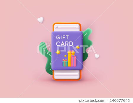 Gift card and promotion strategy, gift voucher, discount coupon and gift certificate concept. Hand holding mobile smart phone with shopp app. 3D Web Vector Illustrations. Gift card and promotion strategy, gift voucher, discount coupon and gift certificate concept. Hand holding mobile smart phone with shopp app. 3D Web Vector Illustrations. 140677645