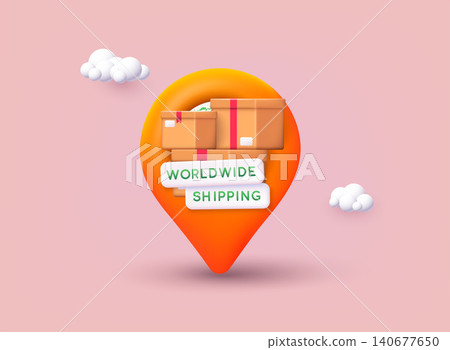 Worldwide delivery concept. Pile of stacked sealed goods cardboard boxes with location pin. Carton delivery packaging with fragile signs. 3D Vector Illustrations. Worldwide delivery concept. Pile of stacked sealed goods cardboard boxes with location pin. Carton delivery packaging with fragile signs. 3D Vector Illustrations. 140677650