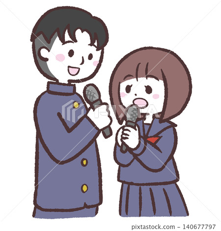 圖:一男一女身穿制服,手持麥克風 圖:一男一女身穿制服,手持麥克風 140677797
