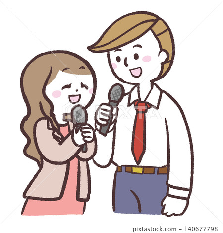 An illustration of a man and a woman facing each other, each holding a microphone. An illustration of a man and a woman facing each other, each holding a microphone. 140677798