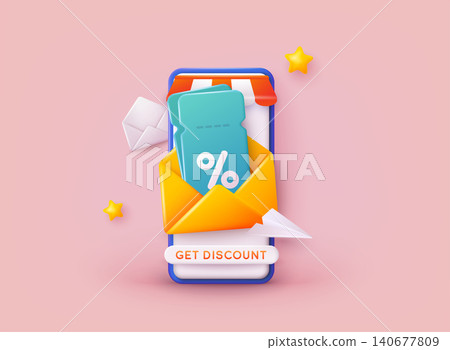 Phone with discount. Store special offers advertisement. Markdown program, loyalty program, promotional mix metaphors. 3D Web Vector Illustrations. 140677809