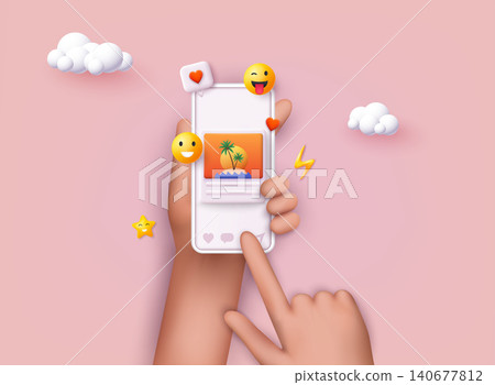 Hand holding phone with social media app. Smartphone with interface post on social network. 3D Web Vector Illustrations. Hand holding phone with social media app. Smartphone with interface post on social network. 3D Web Vector Illustrations. 140677812