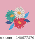 flat vector composition of three daisy flowers with leaves, top view floral illustration 140677870