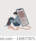 Smartphone addiction concept. Man sitting and leaning on a giant mobile phone, his hand attached to it with a heavy chain. Simple flat vector illustration, minimal style 140677871
