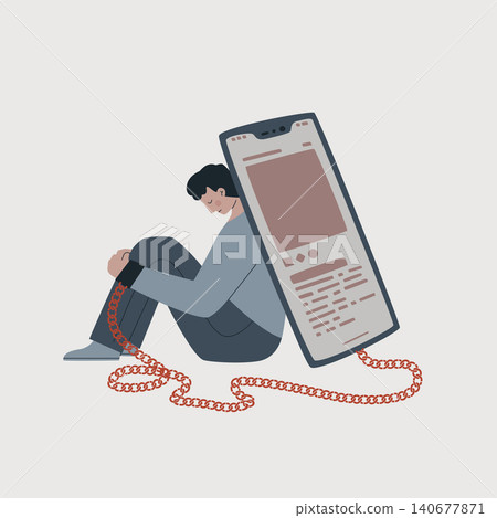 Smartphone addiction concept. Man sitting and leaning on a giant mobile phone, his hand attached to it with a heavy chain. Simple flat vector illustration, minimal style Smartphone addiction concept. Man sitting and leaning on a giant mobile phone, his hand attached to it with a heavy chain. Simple flat vector illustration, minimal style 140677871