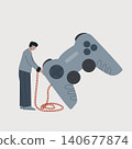 Video game addiction concept. Man holding a huge game controller. Male character chained to a large joystick with a heavy chain. Simple flat vector illustration 140677874