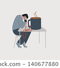 Coffee addiction concept. Man sitting at a table with a giant coffee cup, his hand attached to it with a heavy chain. Simple flat vector illustration, minimal style 140677880