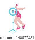 Vector illustration of woman dancing in front of ring light with smartphone, arms pulled back, knees slightly bent, dynamic pose while filming herself, minimal flat style 140677881