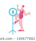 Vector illustration of woman posing with raised bent leg and outstretched arms in front of ring light with smartphone, filming herself dancing or posing, minimal flat design 140677882