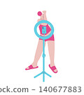 Minimal vector illustration of female content creator posing in front of ring light with smartphone, arm raised covering part of face, social media concept 140677883