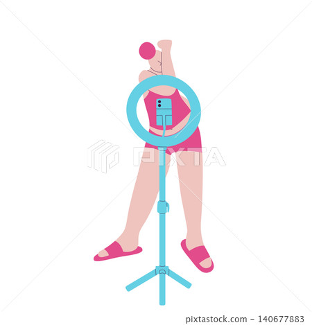 Minimal vector illustration of female content creator posing in front of ring light with smartphone, arm raised covering part of face, social media concept Minimal vector illustration of female content creator posing in front of ring light with smartphone, arm raised covering part of face, social media concept 140677883