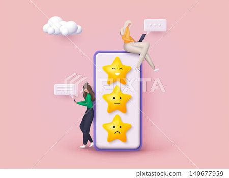 Characters giving Stars Feedback. Vector customer review concepts. Reviews stars with good and bad rate and text. 3D Web Vector Illustrations. Characters giving Stars Feedback. Vector customer review concepts. Reviews stars with good and bad rate and text. 3D Web Vector Illustrations. 140677959