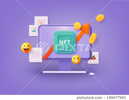 NFT marketplace with crypto art items on sale. Non-fungible token with network vector. 3D Web Vector Illustrations. NFT marketplace with crypto art items on sale. Non-fungible token with network vector. 3D Web Vector Illustrations. 140677965