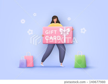 Woman hold credit card in hands. Gift card and promotion strategy, gift voucher, discount coupon and gift certificate concept. 3D Web Vector Illustrations. 140677980