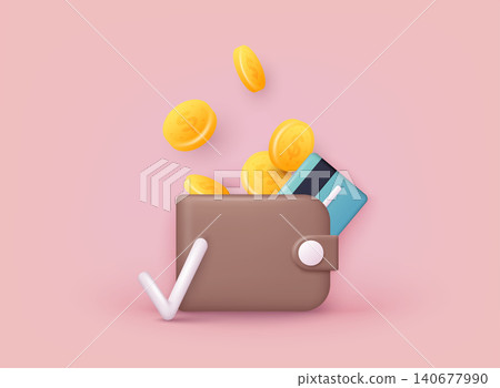 Money saving icon concept. Wallet with coins and credit card. 3D Web Vector Illustrations. 140677990