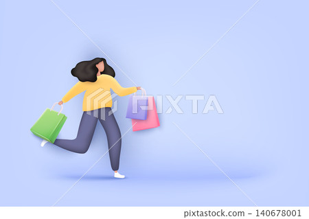Woman enjoying shopping. Carrying shopping bags. 3D Web Vector Illustrations. Woman enjoying shopping. Carrying shopping bags. 3D Web Vector Illustrations. 140678001