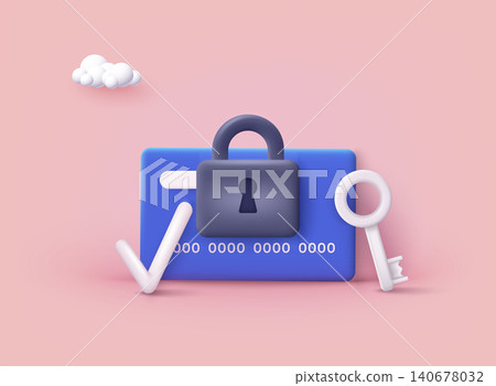 Access control card with key and lock with protection shield. Electronic opening system, security system, automatic access card concept. 3D Web Vector Illustrations. Access control card with key and lock with protection shield. Electronic opening system, security system, automatic access card concept. 3D Web Vector Illustrations. 140678032