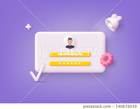 Account login and password form page on screen. Sign in to account, user authorization, login authentication page concept. Username, password fields. 3D Web Vector Illustrations. Account login and password form page on screen. Sign in to account, user authorization, login authentication page concept. Username, password fields. 3D Web Vector Illustrations. 140678039