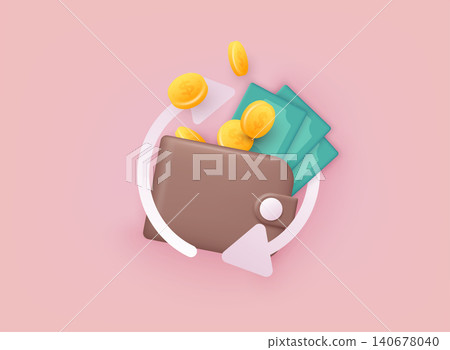 Cashback money refund icon concept. Wallet with coins and money. 3D Web Vector Illustrations. Cashback money refund icon concept. Wallet with coins and money. 3D Web Vector Illustrations. 140678040