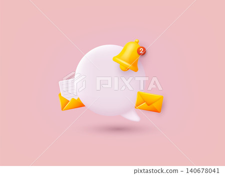 Speech bubble with reminder bell. Notifications. Reminder design mockup. Email marketing, online advertising concept. 3D Web Vector Illustrations. 140678041