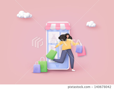 Woman enjoying shopping. Carrying shopping bags. Mobile smart phone with shopp app. Online shopping concept. 3D Web Vector Illustrations. 140678042