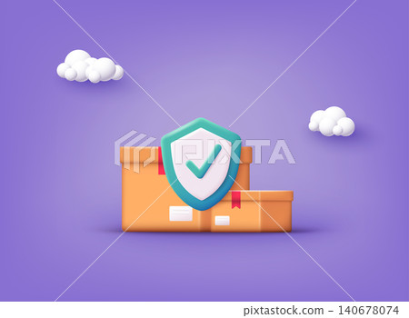 Shipping insurance for freight cargo delivery and parcel package transportation protection coverage. 3D Vector Illustrations. Shipping insurance for freight cargo delivery and parcel package transportation protection coverage. 3D Vector Illustrations. 140678074