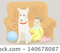 An illustration of a baby and a white dog playing in front of a sofa. An illustration of a baby and a white dog playing in front of a sofa. 140678087