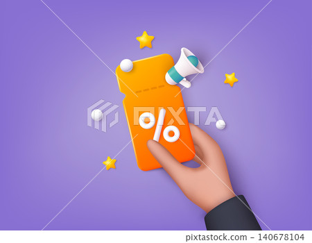 Hand with discount. Store special offers advertisement. Markdown program, loyalty program, promotional mix metaphors. 3D Web Vector Illustrations. Hand with discount. Store special offers advertisement. Markdown program, loyalty program, promotional mix metaphors. 3D Web Vector Illustrations. 140678104