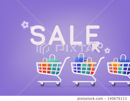 Shopping cart with tack of shopping bags on it. Design graphic elements, signs, symbols. Mobile marketing and digital marketing. 3D Web Vector Illustrations. Shopping cart with tack of shopping bags on it. Design graphic elements, signs, symbols. Mobile marketing and digital marketing. 3D Web Vector Illustrations. 140678113