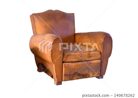 Old vintage brown leather chair with scratches isolated on white background, 140678262