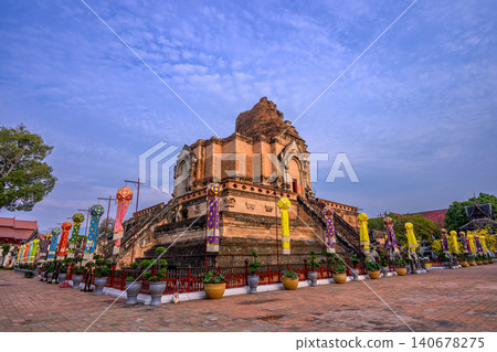 Pagoda of Chedi Luang Varavihara temple it ancient large pagoda is 700 years in Chiang Mai, Thailand. Pagoda of Chedi Luang Varavihara temple it ancient large pagoda is 700 years in Chiang Mai, Thailand. 140678275