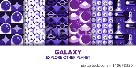 Galaxy space seamless patterns set with geometric Bauhaus universe planets and spaceships ornament. Space exploration Bauhaus abstract shapes seamless pattern with taking off rocket, planets and stars Galaxy space seamless patterns set with geometric Bauhaus universe planets and spaceships ornament. Space exploration Bauhaus abstract shapes seamless pattern with taking off rocket, planets and stars 140678320