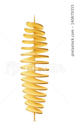 Realistic raw and fried potato tornado vegetable snack. Isolated 3d vector crispy, spiral cut delight. Traditional crunchy twisted chips snack on a stick. Fast food, street quick meal on a skewer Realistic raw and fried potato tornado vegetable snack. Isolated 3d vector crispy, spiral cut delight. Traditional crunchy twisted chips snack on a stick. Fast food, street quick meal on a skewer 140678355