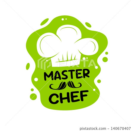 Master Chef emblem design with white toque hat and black mustache on vibrant green background. Playful symbol features bold typography and green splash with bubbles. Creative icon for apron prints Master Chef emblem design with white toque hat and black mustache on vibrant green background. Playful symbol features bold typography and green splash with bubbles. Creative icon for apron prints 140678407