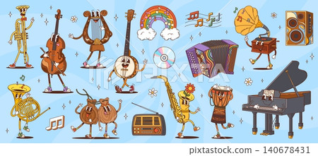 Cartoon groovy musical instrument characters. Retro y2k cute saxophone, piano, drum and horn vector personages, hippie rainbow, gramophone and radio. Groovy violin, trumpet and accordion characters 140678431